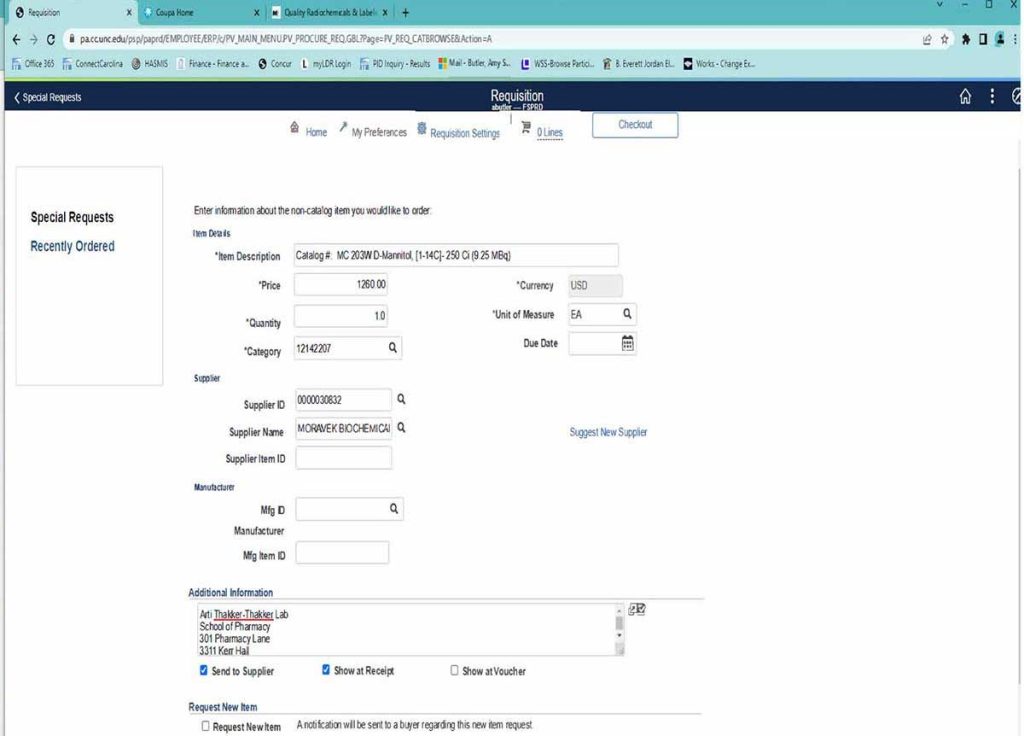 Purchase requisition screen with options